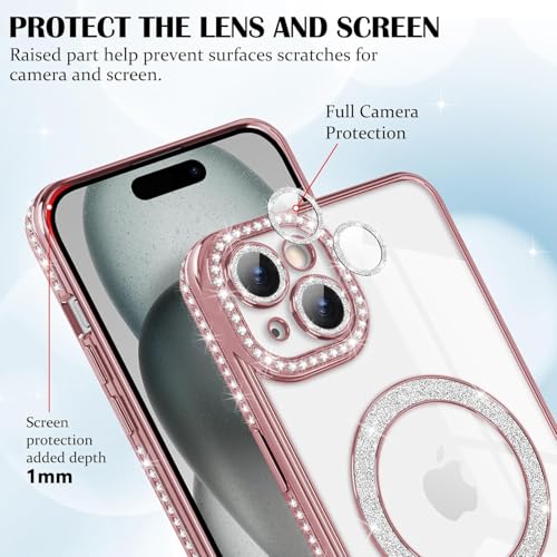 Image of Elzzi Compatible with (iPhone 15 Plus Case) Clear Luxury Diamond Glitter Case |Camera Lens Protector with Glitter Ring | Premium Shockproof Glossy Shiny Back Cover Case for Girls Women -Pink