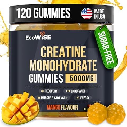 EcoWise Wellness Creatine Monohydrate Gummies 5g, Chewables Gummies for Men & Women, Increase Strength & Build Muscle, Energy Boost - Gluten-Free, Sugar Free, Vegan - 120 Count, Mango Cover
