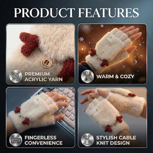Image of Kraptick Women's Cute Reindeer Plush Convertible Fingerless Gloves - Winter Warm Fluffy Flip-Top Mittens - Korean Style Soft Hand Warmers for Girls & Ladies (Free Size, White)-3