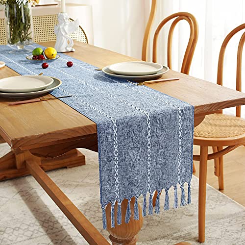 Chassic Rustic Farmhouse Style Linen Table Runner, Boho Handmade Tassel Embroidery Table Runners 108 Inches Long For Holiday Party, Dresser And Dining Decorations, 13 X 108 Inch - Blue #TOP1