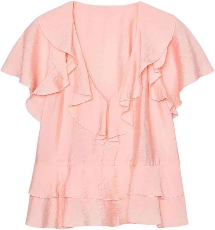 Women's Layered Solid Color Ruffle Short Sleeve Shirt Top