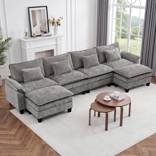 Image of IPKIG 151 inch Modular Cloud Couch with Storage, U Shaped Sectional Sofa with Ottoman & Pillow, Chenille Deep Seat Sectional Couches for Living Room, Apartment, Grey