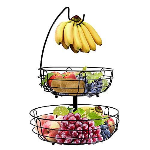 Cesta de frutas de 2 niveles con suspensión de plátano, encimera desmontable para frutas y verduras, estante de almacenamiento de cocina para frutas y verduras, huevos y panes (Negro) Cover