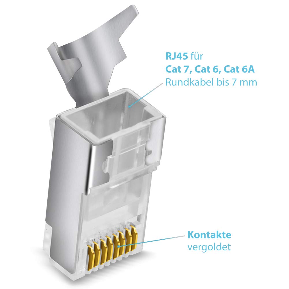 Netzwerkstecker Netzwerk DSL Stecker CAT7 CAT7A CAT6 CAT6A CAT5 RJ45 DSL LAN vergoldete Kontakte Knickschutz, Farbe:Weiss, Stückzahl:100 Stück