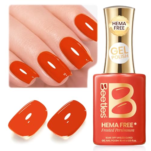 Image of Beetles Orange Red Gel Polish - Frosted Persimmon Full Size 15ML /0.51Fl Oz, Hema Free Persimmon Orange Red Gel Nail Polish, Soak Off UV LED Lamp Fall Nails Art, Manicure Salon DIY Nails