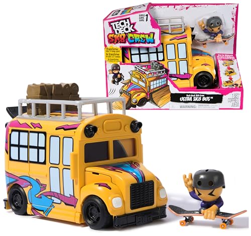 Tech Deck - Playset Camion Sk8 Crew - Bus Transformable avec 1 Finger Skate + 1 Figurine Amovible À Clipser sur La Planche pour Rider - Mini Skate Doigt -...