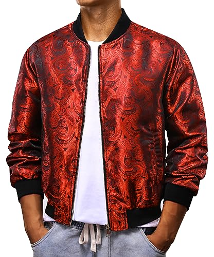 Yohowa Bomber Jackets For Men Red Paisley Lightweight Windbreaker Fashion Silk Coat With Pockets Zipper Outwear Casual #TOP9