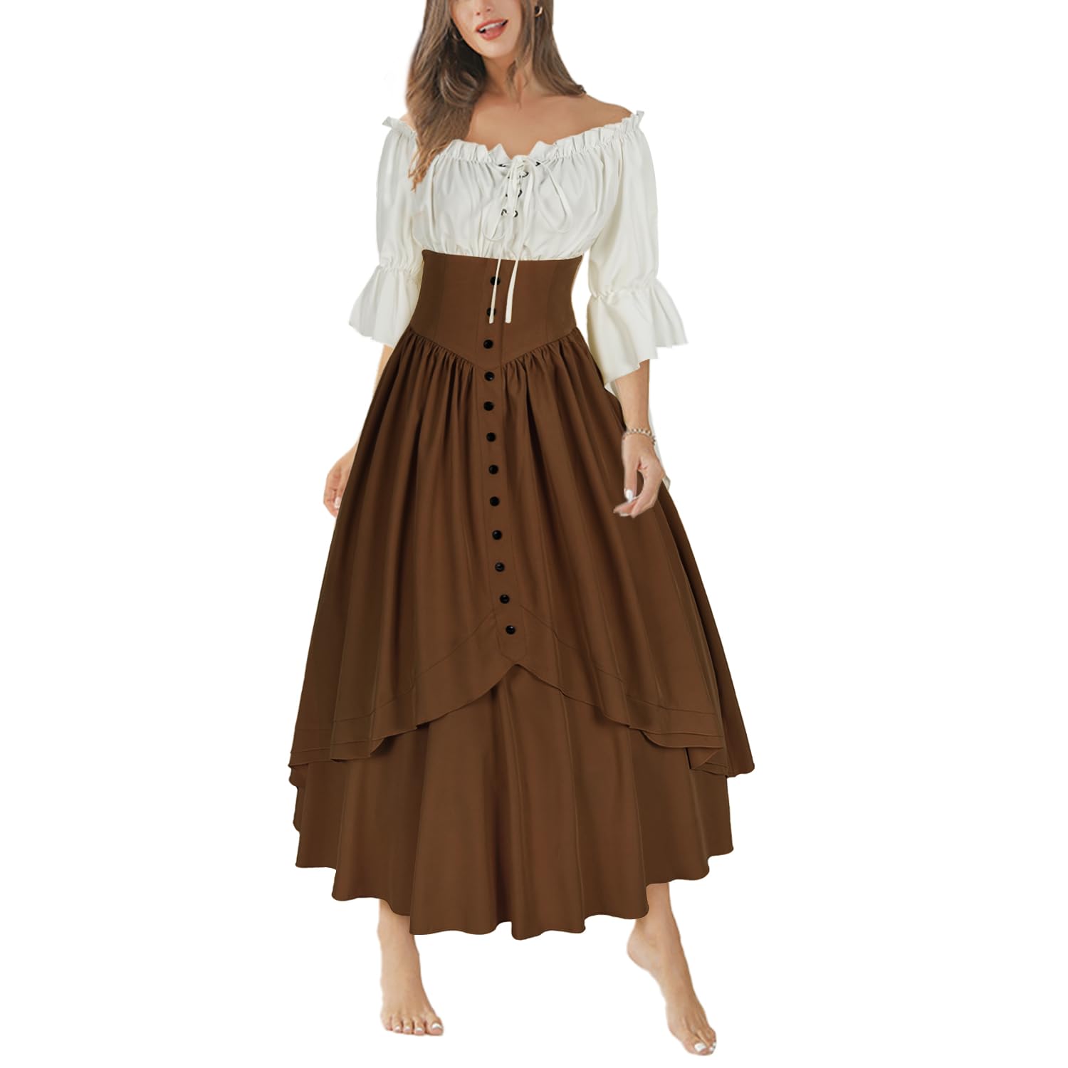 MingyuezaiWomen Renaissance Costume Medieval Victorian High Waisted Button Skirt Set
