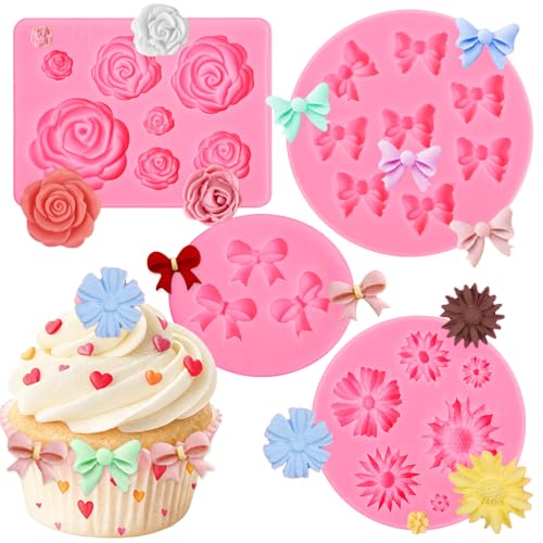 Pimoys 4 Pcs Flower&Bow Molds for Chocolate, Bow Chocolate Molds Silicone Cake Pop Mold Valentine's Day Candy Mold Silicone for Wax Melts Birthday Cake Decoration