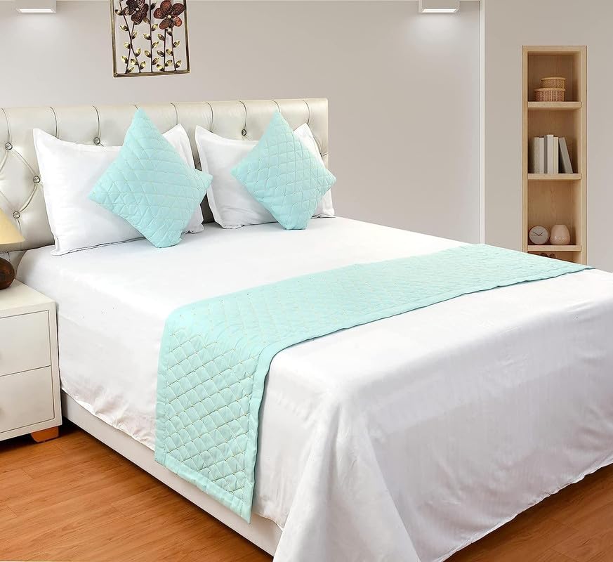 bedshed 200 TC Quilted Velvet Double Bed Runner Scarf with 2 Matching Cushion Covers/Slipcovers| Luxurious Decorative Bed Linen Set| Perfect for Bedroom, Hotel or Guest Rooms Bedding (Sea Green)-picture-33