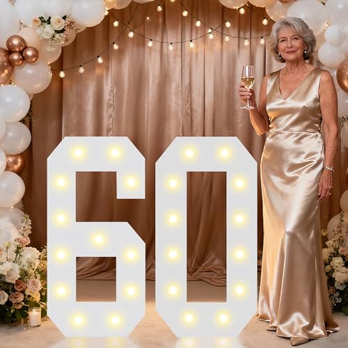 Image of Pooqla 2.4FT Light Up Numbers for 60th Birthday Gifts for Women Men, Marquee Numbers 2.4 Feet Tall Party Decor for Her Him, Mosaic Big Sign for 60th Birthday Decoration Backdrop, Large Number 60