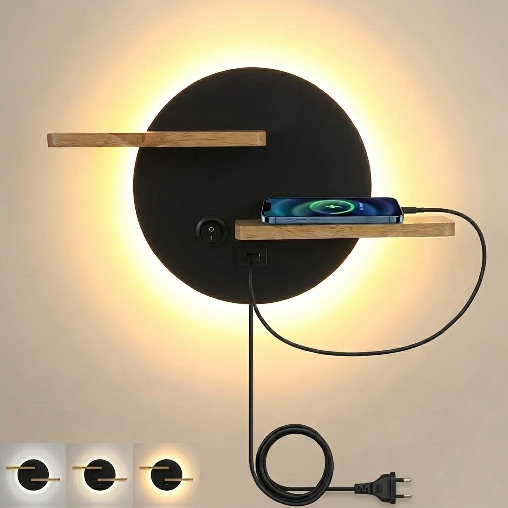 Kinkiety wewnętrzne LED z włącznikiem i przyłączem USB do ładowania, lampka nocna, 3 kolory, regulowana lampka do czytania dla dzieci, z drewnianym regałem, oświetlenie ścienne do salonu, sypialni