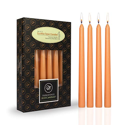 EcoAroma Organic Coco-Soy Candles, 12-Pack Orange Taper Candles - 10 inch Tall, 7.5 Hour Long Burning Dripless, Smokeless, Natural Coconut Soy Wax Dinner Candles for Wedding, Home Decor, Party