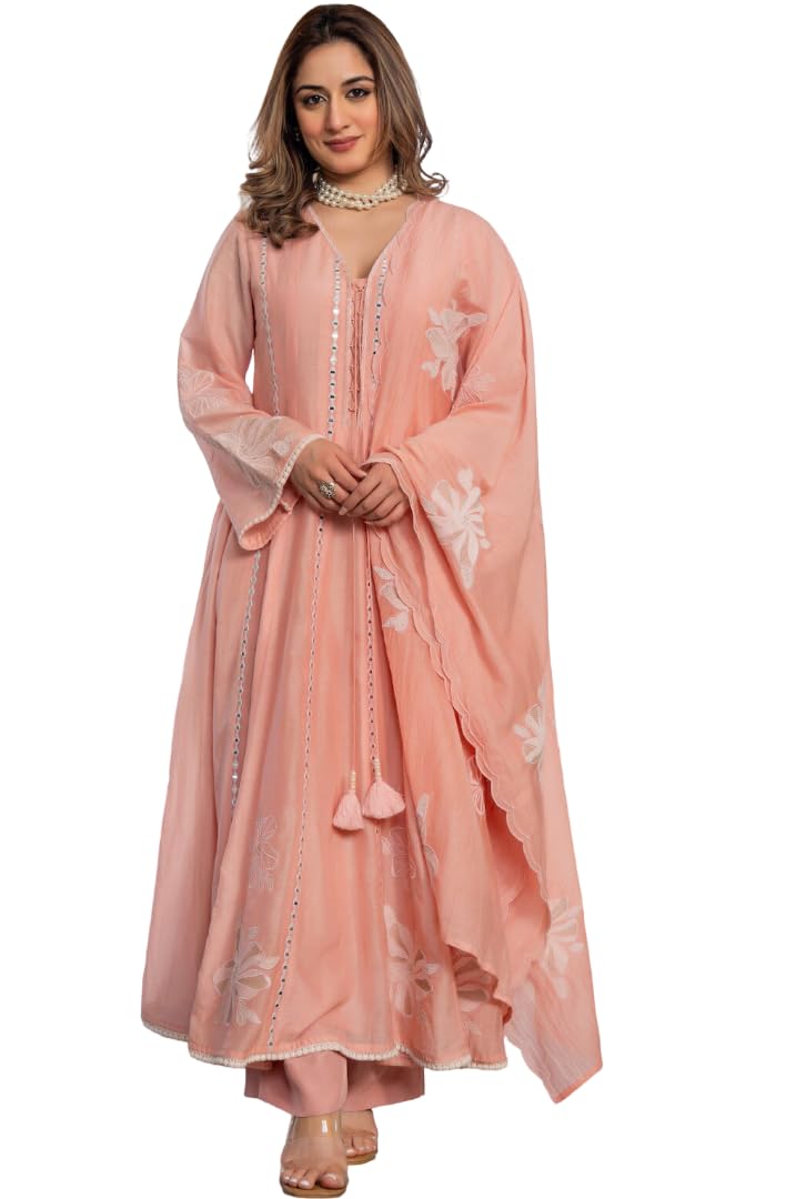 Women Chanderi Silk Embroidered Anarkali Kurta Set with Dupatta & Pants | Mirror Work V-Neck Flared Ethnic Suit Set | Traditional Indian Wear 3-Piece Set-image-9