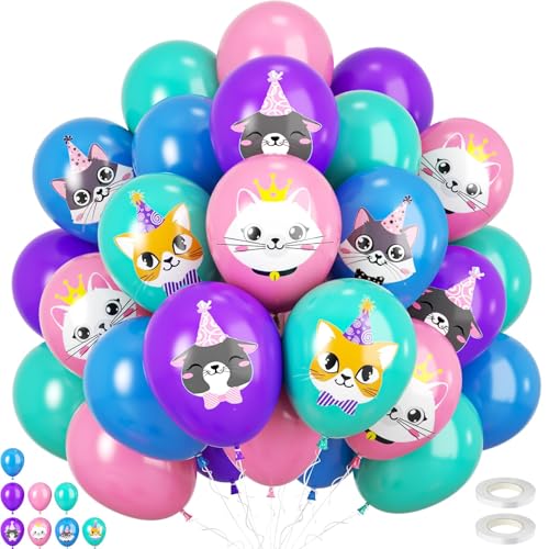 Cat Balloons, 60pcs 12 Inch Purple Blue Cute Cat Party