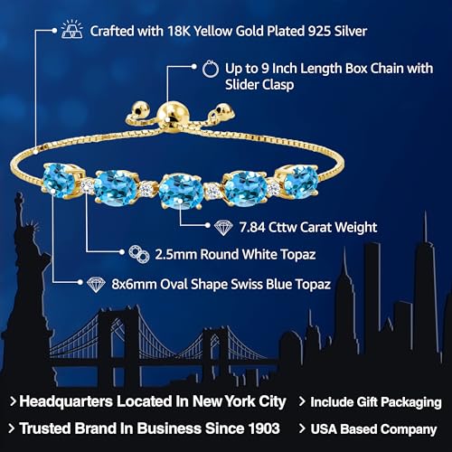 Gem Stone King 18K Yellow Gold Plated Silver Oval Swiss Blue Topaz and White Topaz Tennis Bracelet For Women (7.84 Cttw, Gemstone Birthstone, Fully Adjustable Up to 9 Inch)2