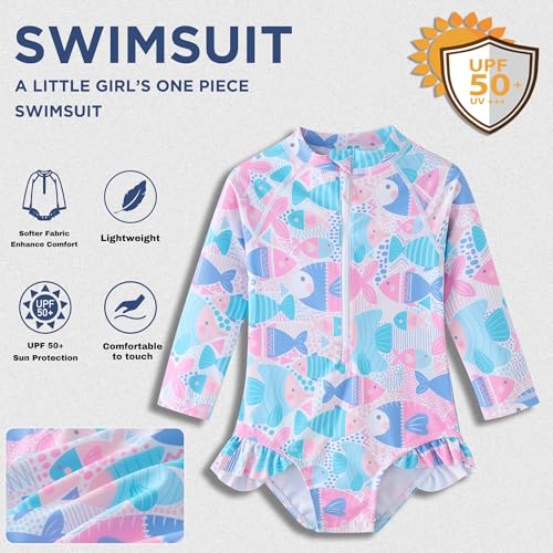 Image of UMELOK Baby Girls One Piece Swimsuit Infant Bathing Suit Long Sleeve Rash Guard Swimwear with UPF 50+ Sun Protection