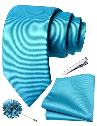 Image of Branduce 3.15 inch(8cm) Solid Formal Tie and Pocket Square Plain Necktie Lapel Pin and Tie Clip Set for Men