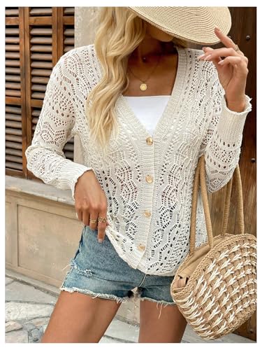 Women's Crochet Hollow Out Cardigan Sweater Button Down Long Sleeve Sheer Knitwear4