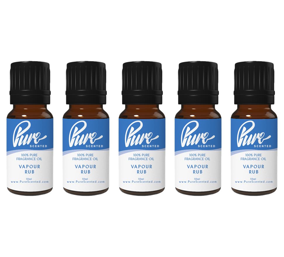 Pure Scented 50ml Fragrance Oils - 5 x 10ml Suitable for Candles, Soaps, Slime, Diffusers, Cosmetics, Wax Melts, Designer (5 x 10ml, Vapour Rub)