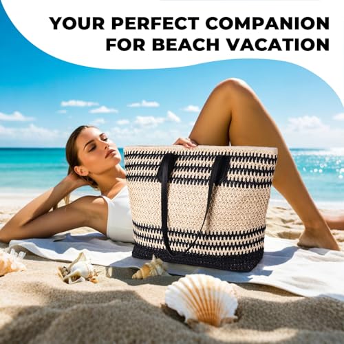 FAERIE Beach Bag Straw Beach Bags for Women Vacation Handbags Beach Tote Bag Straw Bags for Women Beach Bag With Zipper2