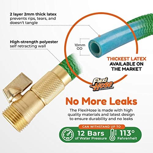 Flexi Hose Upgraded Expandable Garden Hose Pipe Including 8 Function Spray Gun Nozzle - Extra Strength with 2 cm Solid Brass Fittings - No-Kink Flexible Garden Hoses (Green 30 Metres)