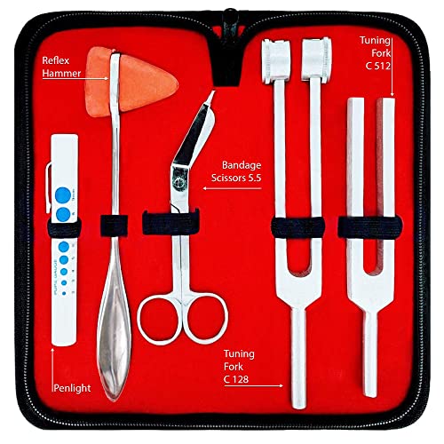 Image of Diagnostics Kit - Percussion Taylor Reflex Hammer + C 128 & C 512 Tuning Forks + Bandage Scissors + Pupil Gauge Pen Light in Carrying Case - 6 Pieces Set - Silver