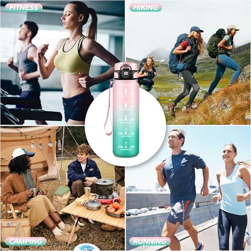Grsta Borraccia, Borraccia 1 Litro, Borraccie Motivazionale, Senza Perdite, Per Adulti, Borraccie Con Orari Per Bere, Borracce Per Ciclismo, Sport, Campeggio, Trekking, Yoga, Rosa-Verde - 7