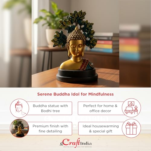 Image of eCraftIndia Buddha Statue with Bodhi Tree | Meditation Buddha Idol for Home Decor Pooja Room Office Gift (Multicolor)