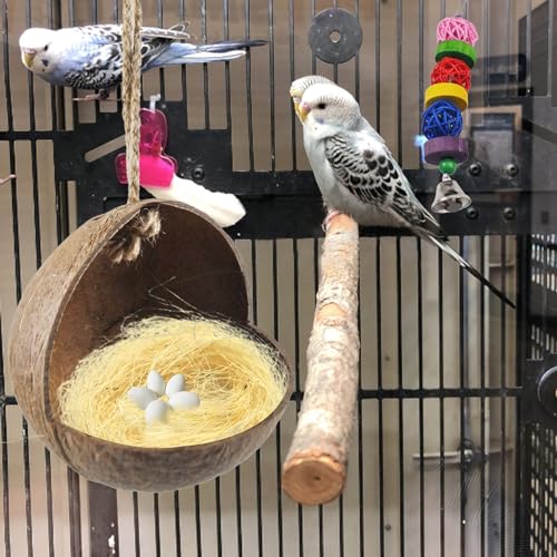 Image of Natural Coconut Bird Nest,Hanging Coco Birds House Habitats Decor,Parrots Coconut Shell Nest Hideout with Grinding Beak Toys,Bird Cage Accessories Coconut for Canary Lovebird Cockatiel