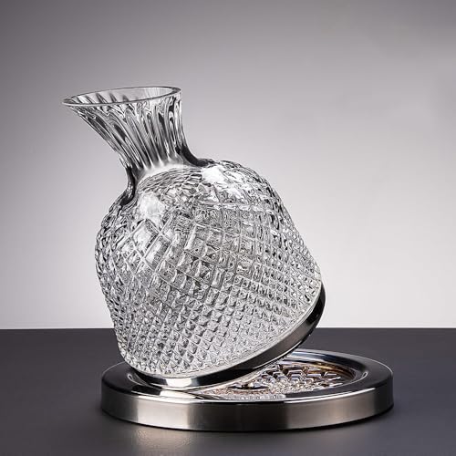 Frafuo Spinning Wine Decanter-1.5 L Red Wine Decanter Set-360 Rotation Wine Carafes Decanter with Crystal Glass Stainless Steel Base Father Day Wine Gifts for Wine Lover, Silver