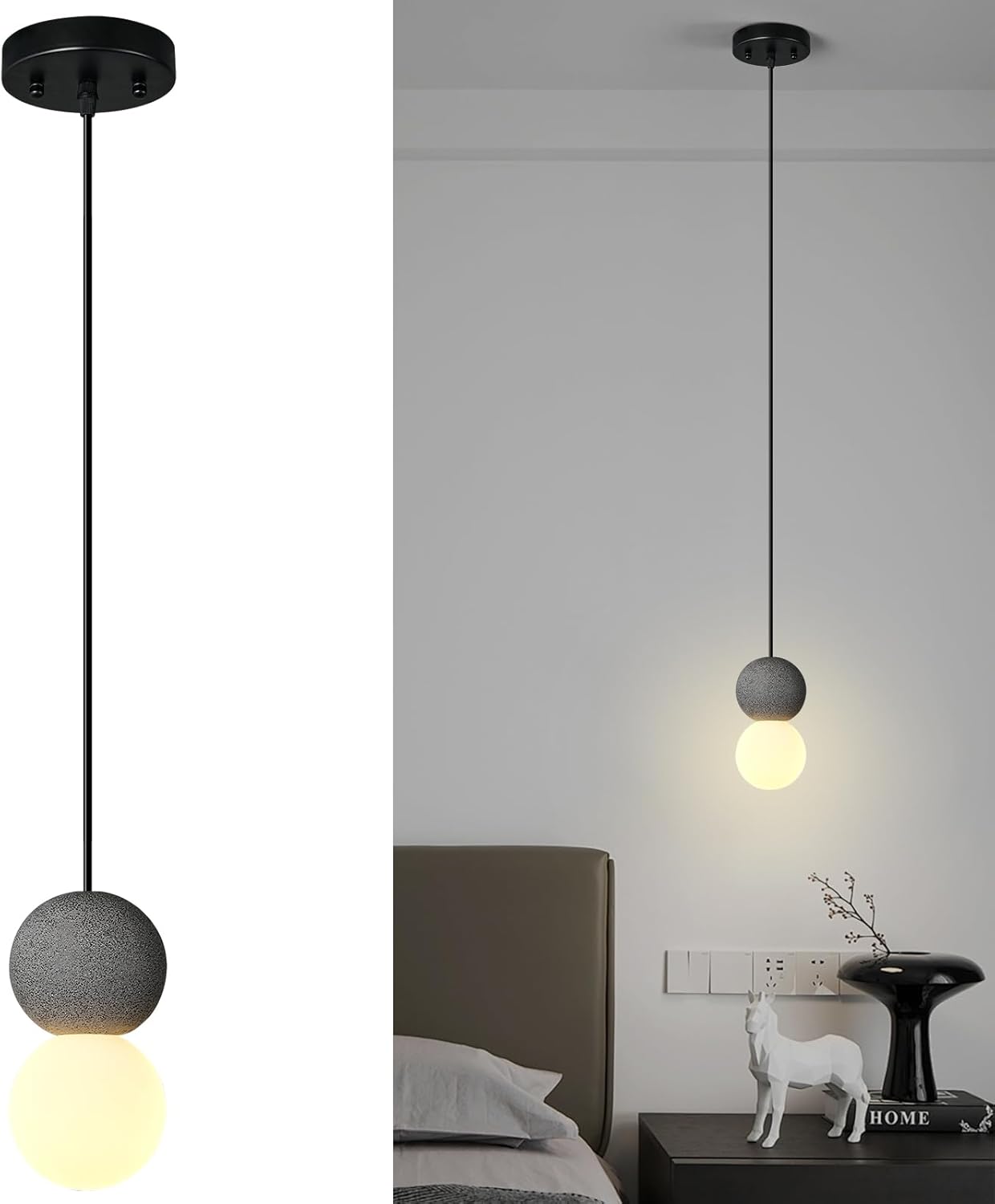 Modern Black 1-Light Concrete Pendant Light Kitchen Island Ceiling Light Fixture White Glass Globe Ball Pendant Lighting for Dining Room Coffee Club Resturant Bar Living Room(2-Pack)