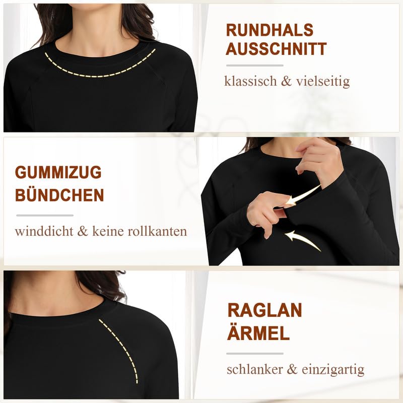 Jiuday Damen Thermo Oberteil Langarm mit Rundhalsausschnitt (227-Schwarz,L)