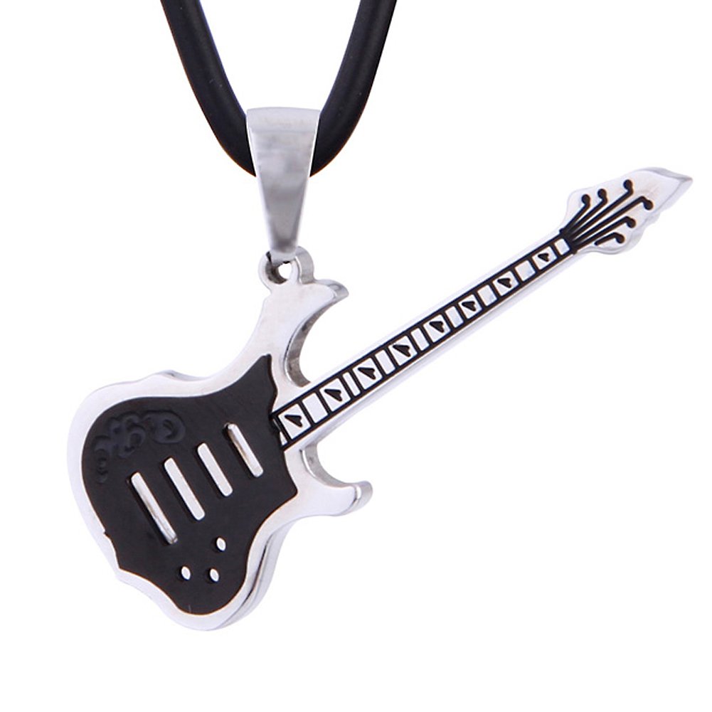 DonDon Collar de Cuero con Colgante Guitarra eléctrica de acero Inoxidable en Bolsa de Terciopelo de Color Negro