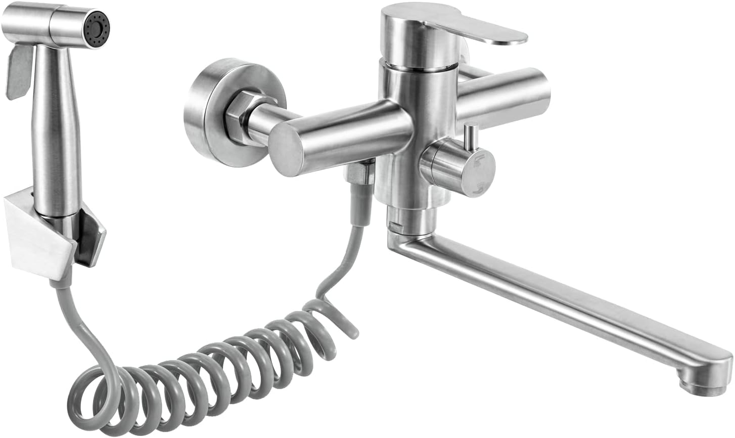 Wall Mount Faucet with Side Sprayer, Stainless Steel Kitchen Sink