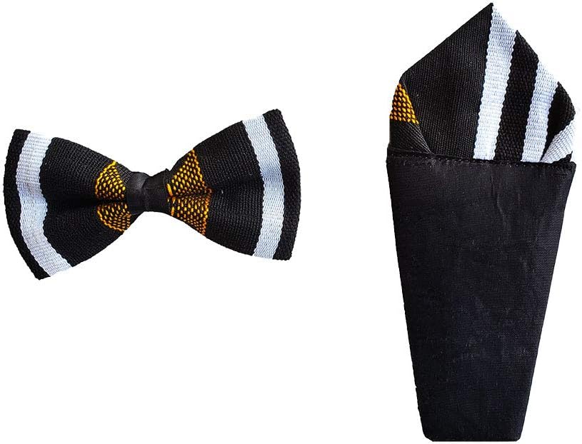 Dupsie's Black, White with Gold Handwoven Kente Bow Tie and Pocket Triangle