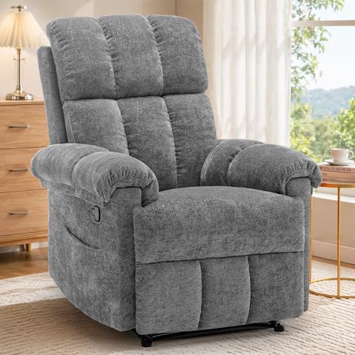 Korser Recliner Chair, Living Room Recliner Chairs for Adults, Small Recliners for Small Spaces, Upholstered Manual Recliner with Side Pockets, Modern Nursery Chair for Living Room, Chenille, Grey