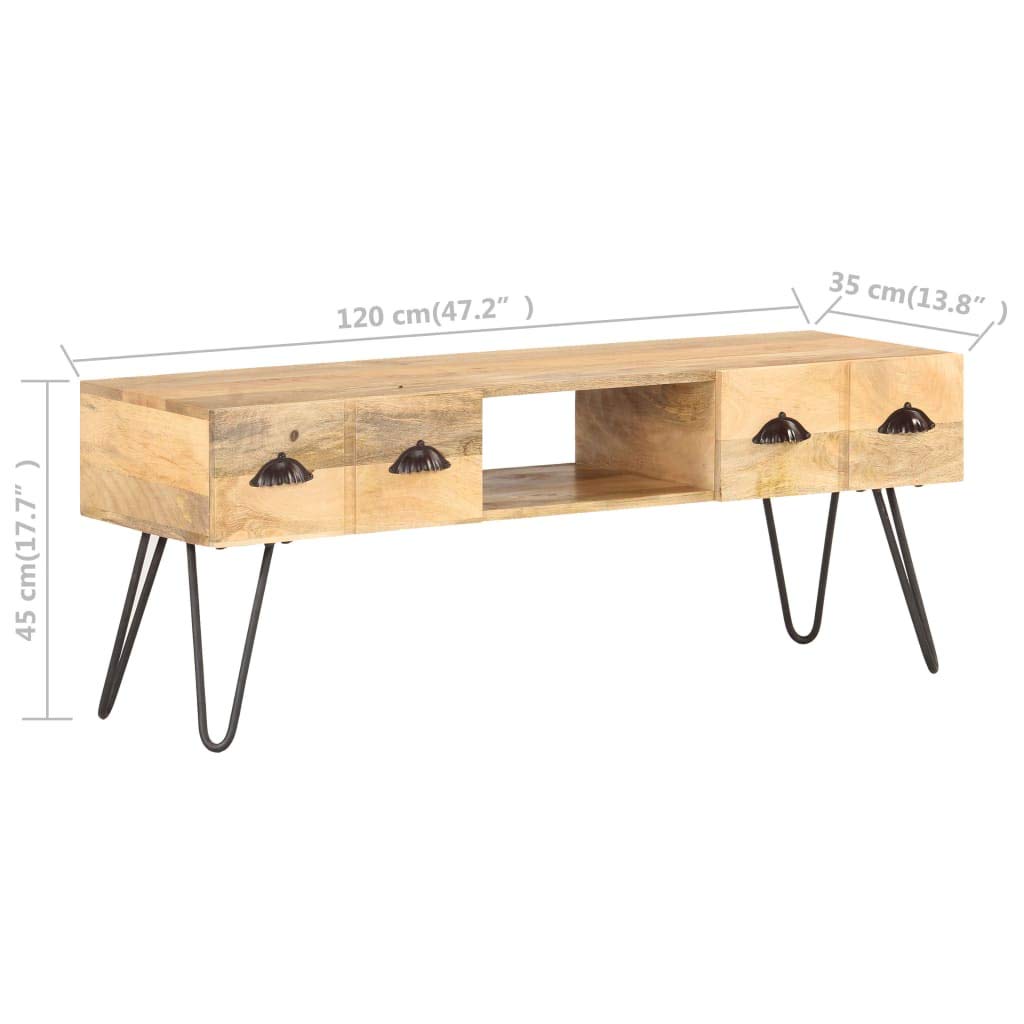 Générique Mobile TV in legno di mango massiccio, 120 x 35 x 45 cm | Stile industriale, 2 cassetti, 1 scomparto aperto, contenitore soggiorno