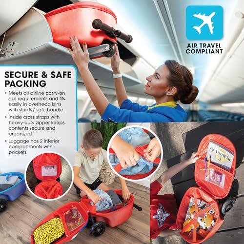 Image of Kiddietotes 3-D Hardside Scooter Ride On Suitcase for Kids - Cute Lightweight Kids Luggage with Wheels - Fun LED Lights