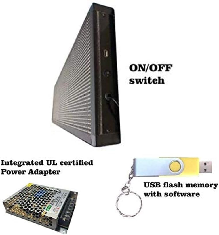 Components of the LED sign package including the sign, power adapter, and USB flash drive