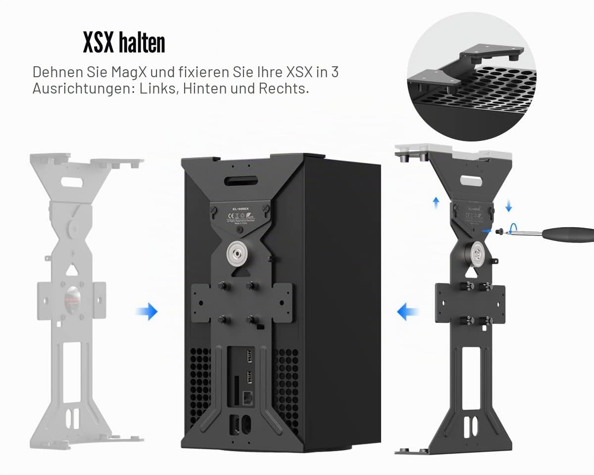 ElecGear Magnetische Wandhalterung für Xbox Series X, Metallische Halterung mit Gaming Headset Haken – montieren XSX Vertikal, Horizontal oder unter dem Schreibtisch