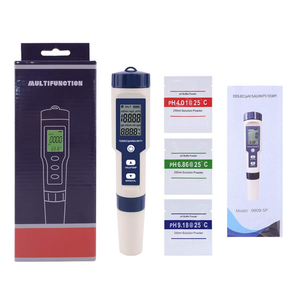 Testeur Numérique 5 en 1 TDS/EC/PH/Salinité/Température de L'eau Pour Hydroponie/Aquarium/Piscine/Eau Potable DH12