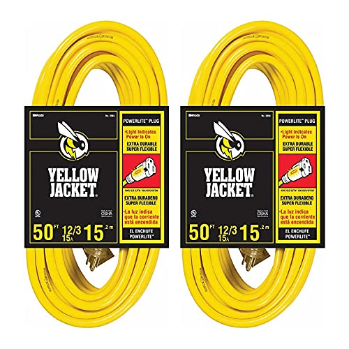 Get Popular Offer 2-Pack - Yellow Jacket 12/3 Heavy-Duty 15-Amp SJTW Contractor Extension Cord with Lighted Ends, 50-Feet