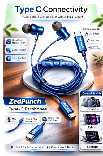 Image of Gaming Type-C Wired Earphone with Mic, 10mm Dynamic Bass Driver, Magnetic in-Ear Headphones, Low Latency Sound for Gaming, 1 Button Control, HD Calling, Voice Assistant, (Royal Blue)