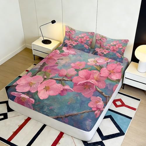 Linge de lit fleur de cerisier avec drap-housse antidérapant