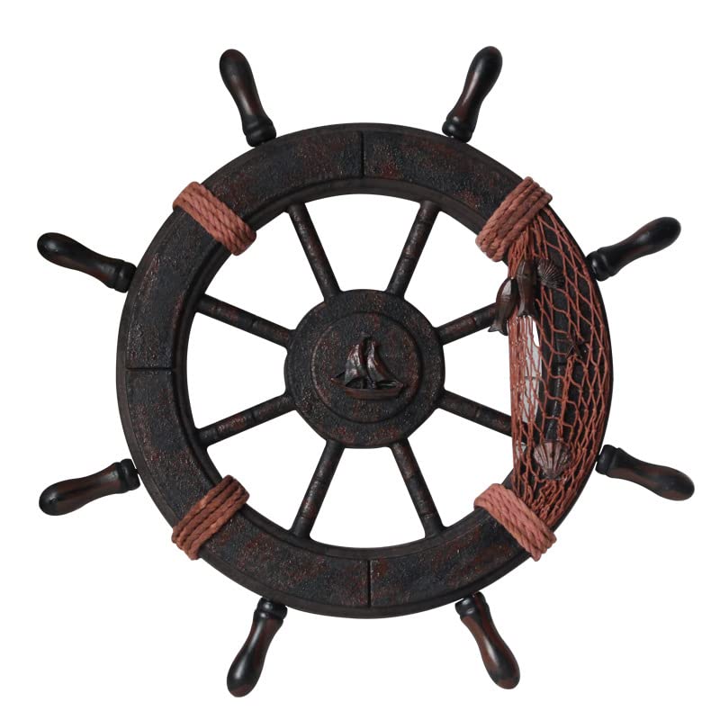 Gouvernail en bois déco murale style bord de mer avec cadre photo volant de barreur