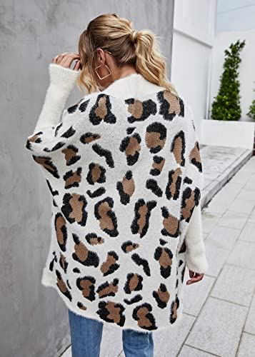 Image of Women's Long Sleeves Open Front Casual Leopard Print Fuzzy Knitted Sweater Cardigan Coat Outwear Apricot