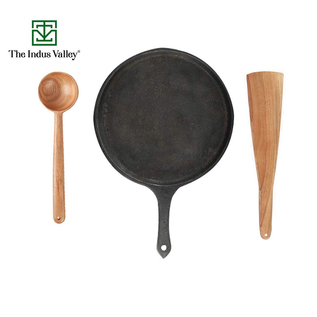 The Indus Valley Pre-Seasoned Cast Iron Tawa for Dosa/Chapathi with Free Wooden Flip & Stir | 25.7cm/10.3 inch, 2kg | Induction Friendly | Naturally Nonstick, 100% Toxin-Free, No Chemical Coating