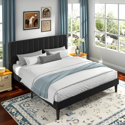 Image of VECELO King Size Bed Frame with Upholstered Headboard, Velvet Platform Bedframe Mattress Foundation, Strong Wood Slat Support, No Box Spring Needed,Black