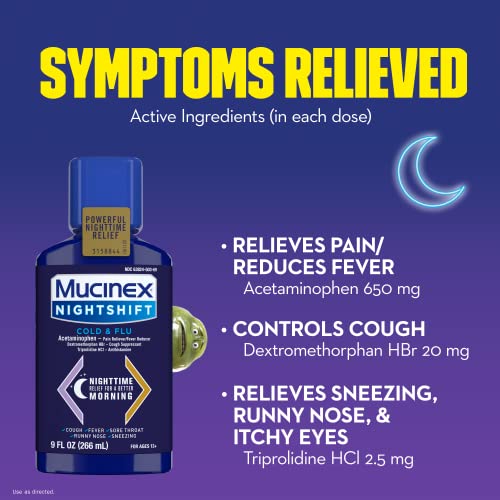 Mucinex® Nightshift® Cold & Flu Liquid 9 Fl. Oz. Relieves Fever, Sneezing, Sore Throat, Runny Nose, And Controls Cough #TOP3